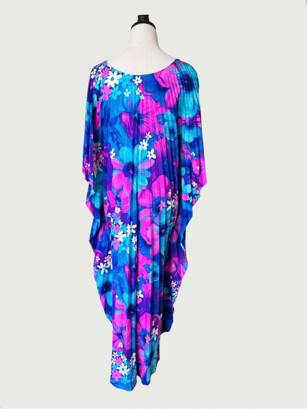 vintage 70s accordion pleat barkcloth Hawaiian print caftan OS
